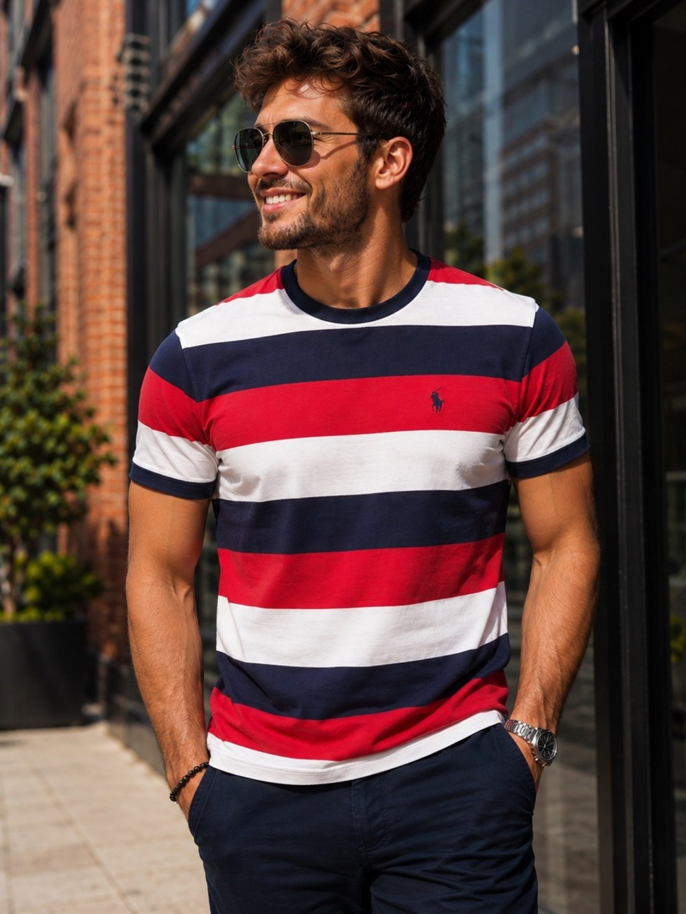 Polo Ralph Lauren Luxury Stripe Cotton Tee Classic Fit L Red White Blue